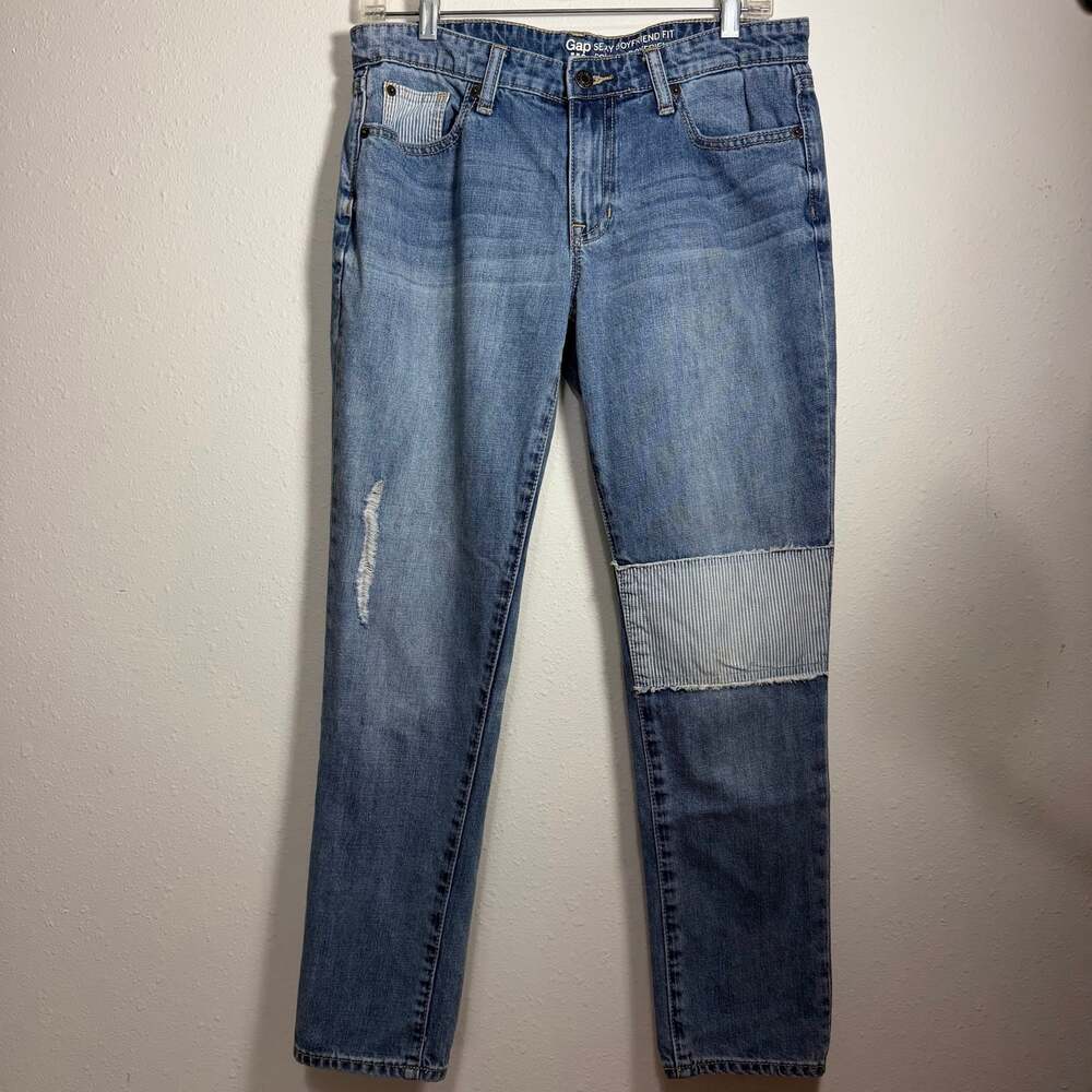 Gap Sexy Boyfriend Fit Patched Jeans Distressed Mid Rise Striped Denim 6/28